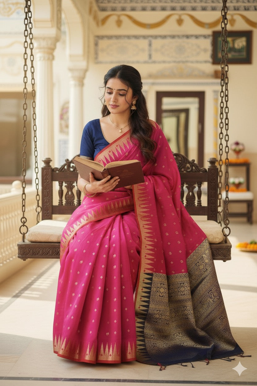 Elegant Rani Pink Pure Banarasi Cotton Saree