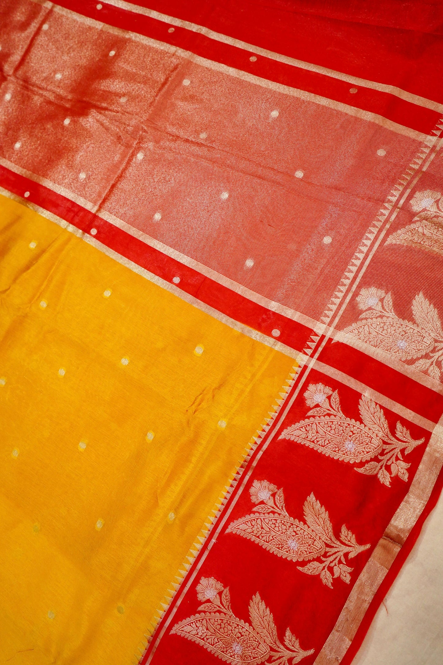 Banarasi Pulp Silk Saree in Yellow with Red Border