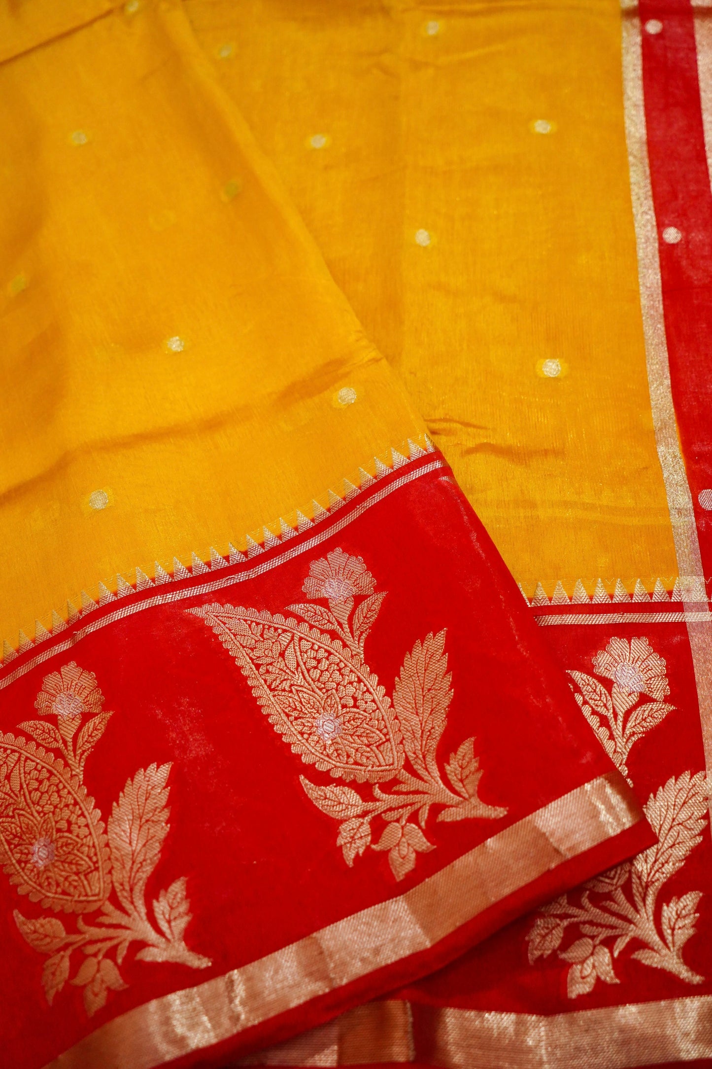 Banarasi Pulp Silk Saree in Yellow with Red Border