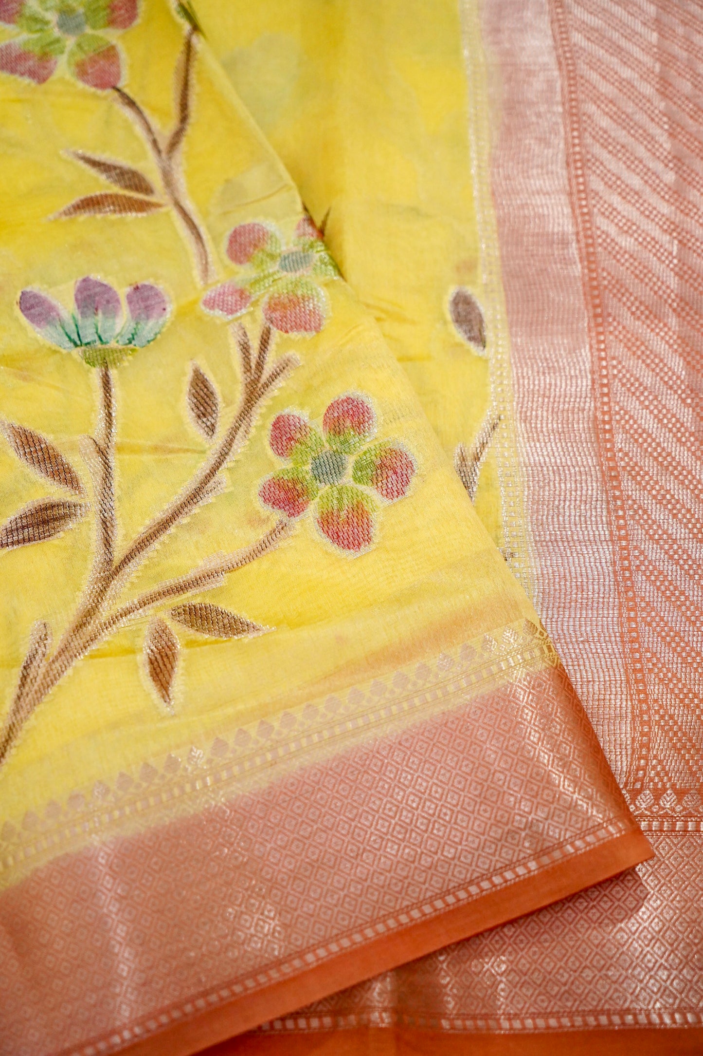 Elegant Yellow Pure Viscose Hand-Brush-Dyed Banarasi Saree