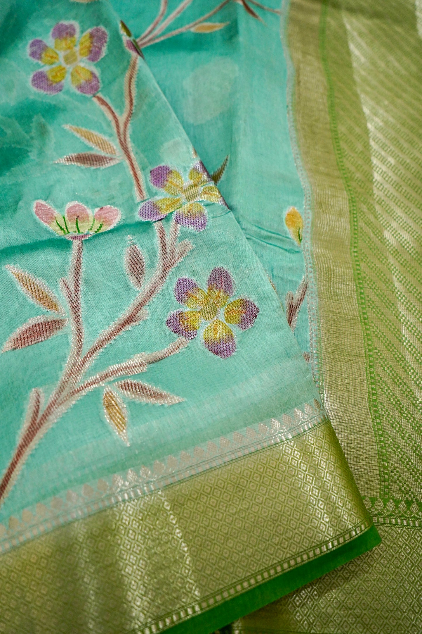 Elegant Aqua Blue Pure Viscose Hand-Brush-Dyed Banarasi Saree