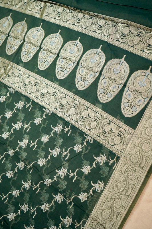 Dark green Banarasi Cotton Saree