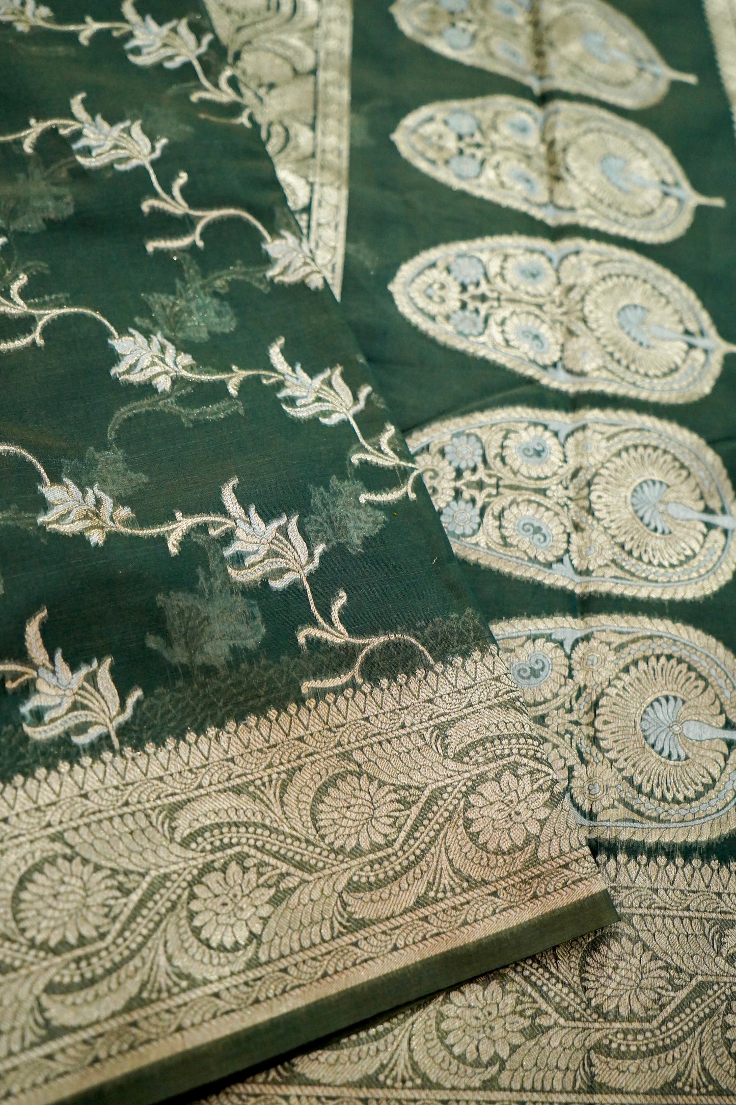 Dark green Banarasi Cotton Saree