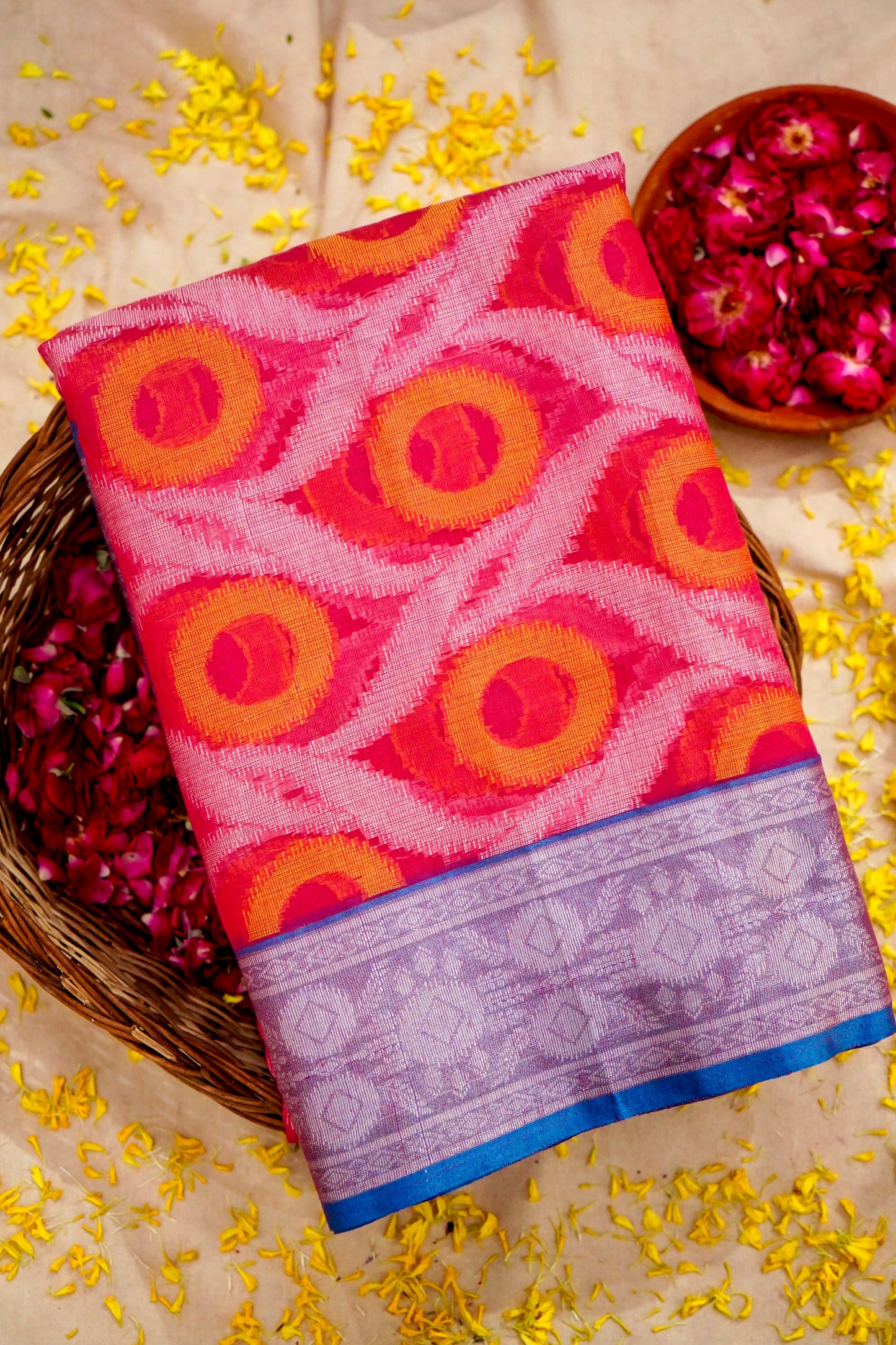 Handwoven Banarasi Pink Cotton Ikkat saree