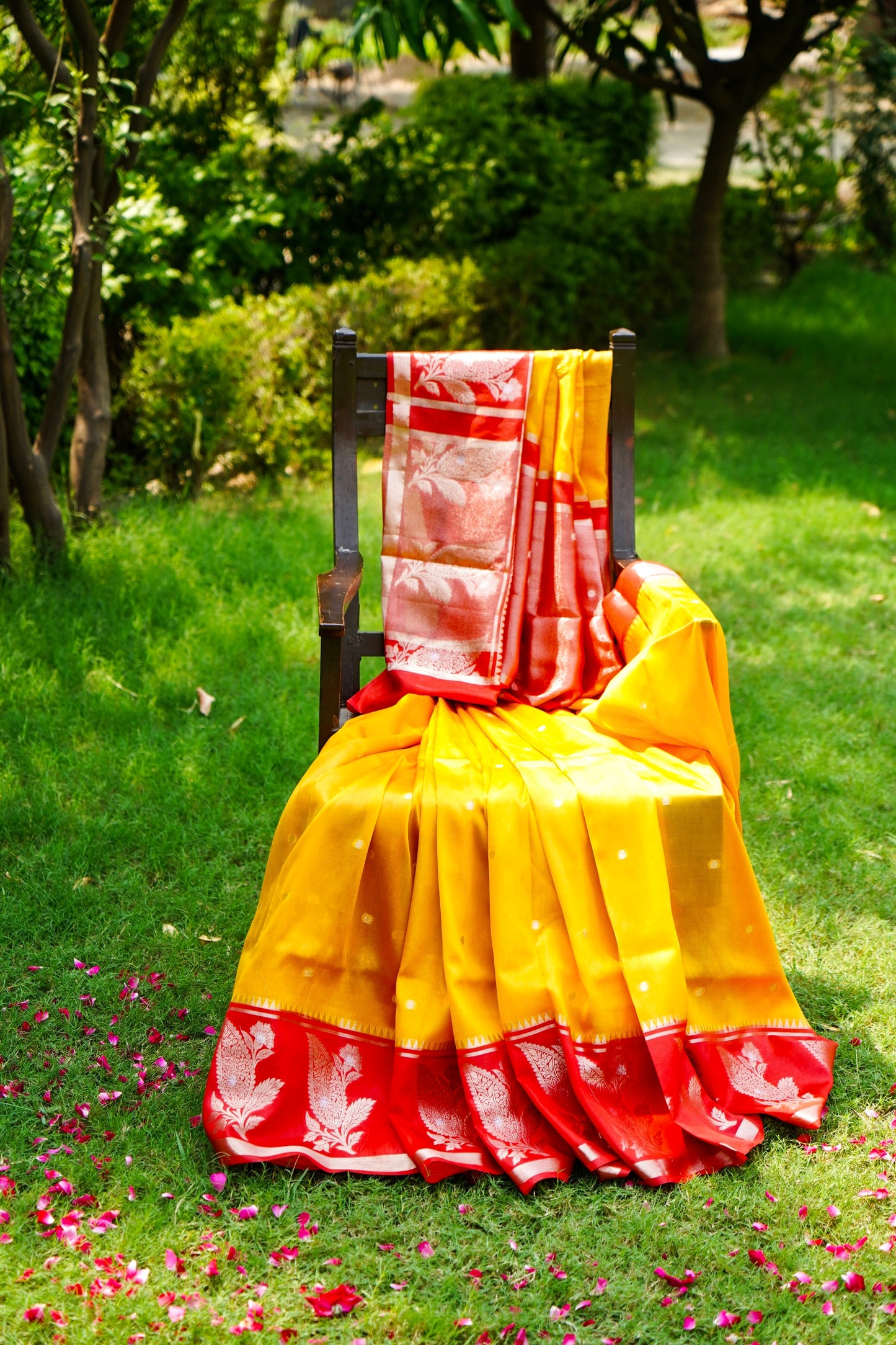 Banarasi Pulp Silk Saree in Yellow with Red Border