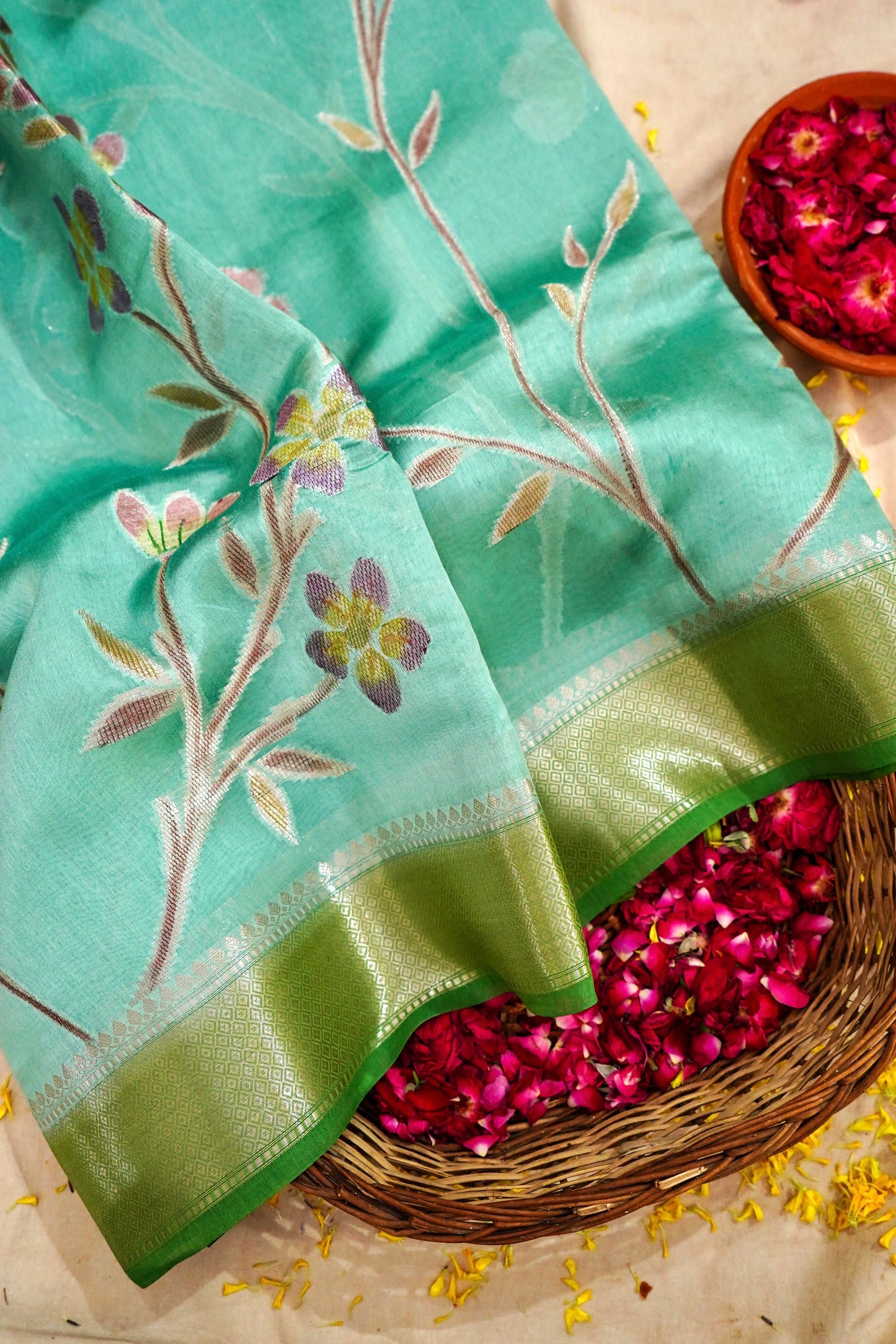 Elegant Aqua Blue Pure Viscose Hand-Brush-Dyed Banarasi Saree