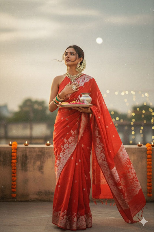 Radiant Red Pure Raw Mango Silk Saree
