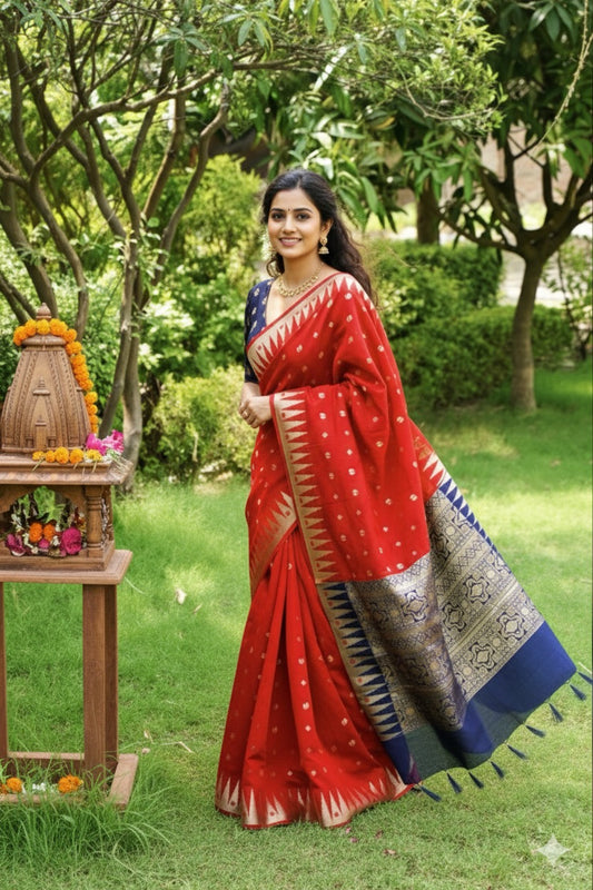 Stunning Red Pure Banarasi Cotton Saree
