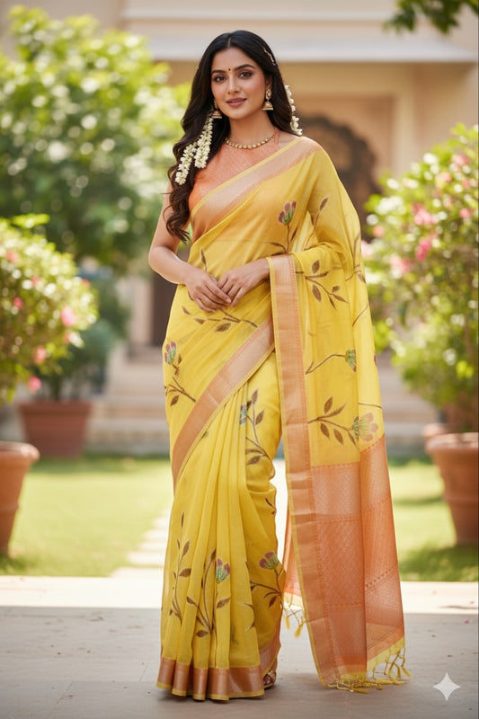 Elegant Yellow Pure Viscose Hand-Brush-Dyed Banarasi Saree