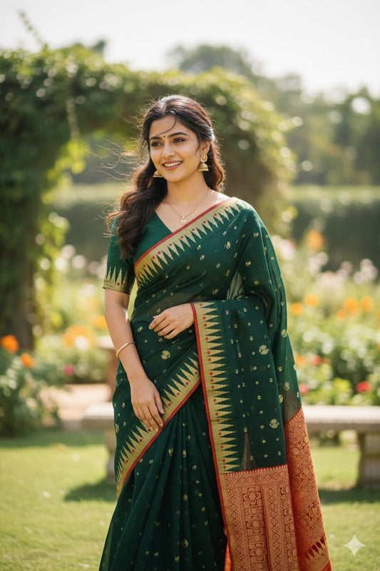 Elegant Dark Green Pure Banarasi Cotton Saree