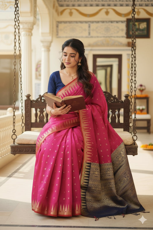 Elegant Rani Pink Pure Banarasi Cotton Saree