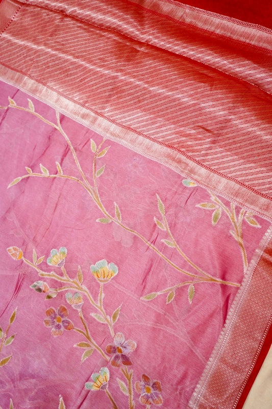 Elegant Pink Pure Viscose Hand-Brush-Dyed Banarasi Saree