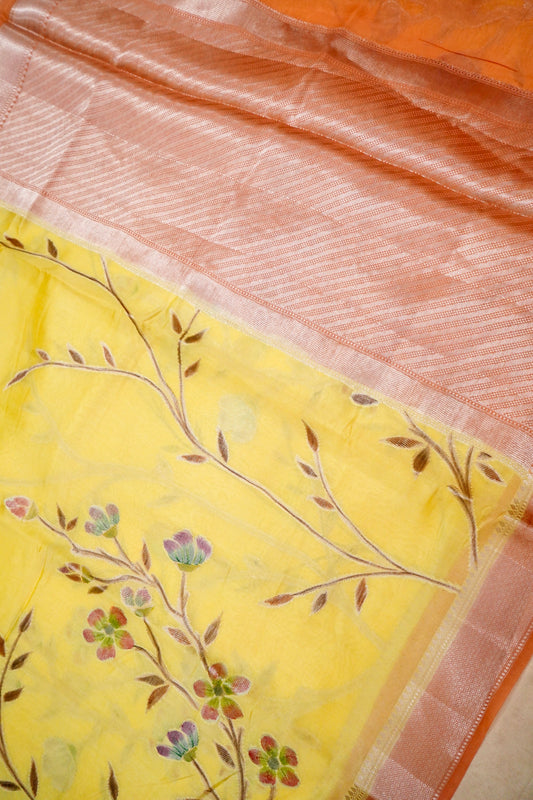 Elegant Yellow Pure Viscose Hand-Brush-Dyed Banarasi Saree