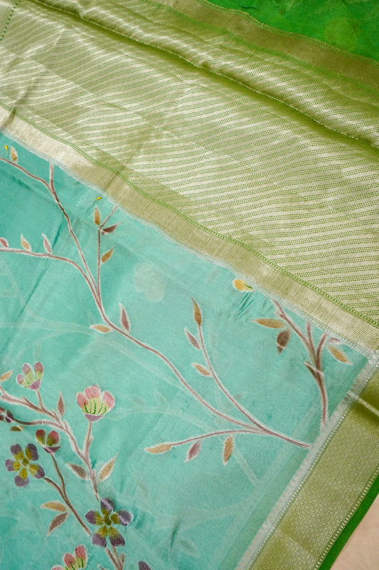 Elegant Aqua Blue Pure Viscose Hand-Brush-Dyed Banarasi Saree