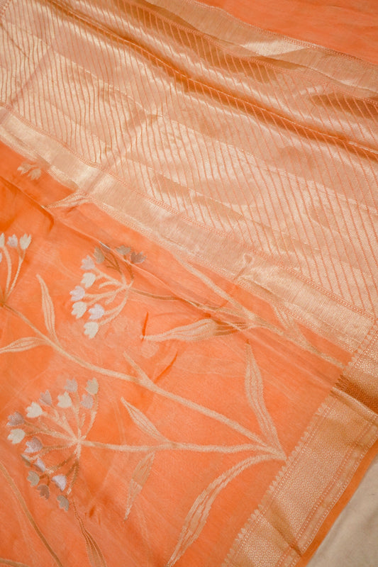 Elegant Orange Pure Viscose Hand-Brush-Dyed Banarasi Saree