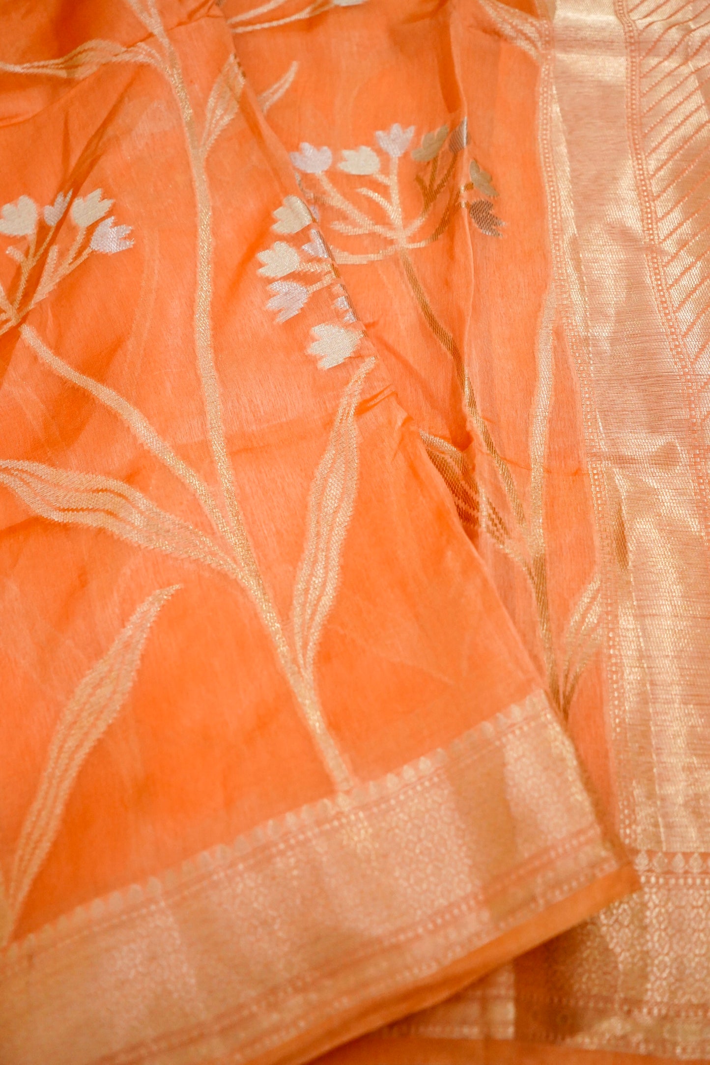 Elegant Orange Pure Viscose Hand-Brush-Dyed Banarasi Saree