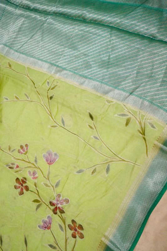 Elegant Green Pure Viscose Hand-Brush-Dyed Banarasi Saree