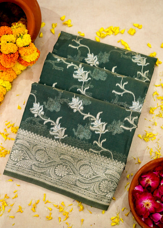 Dark green Banarasi Cotton Saree