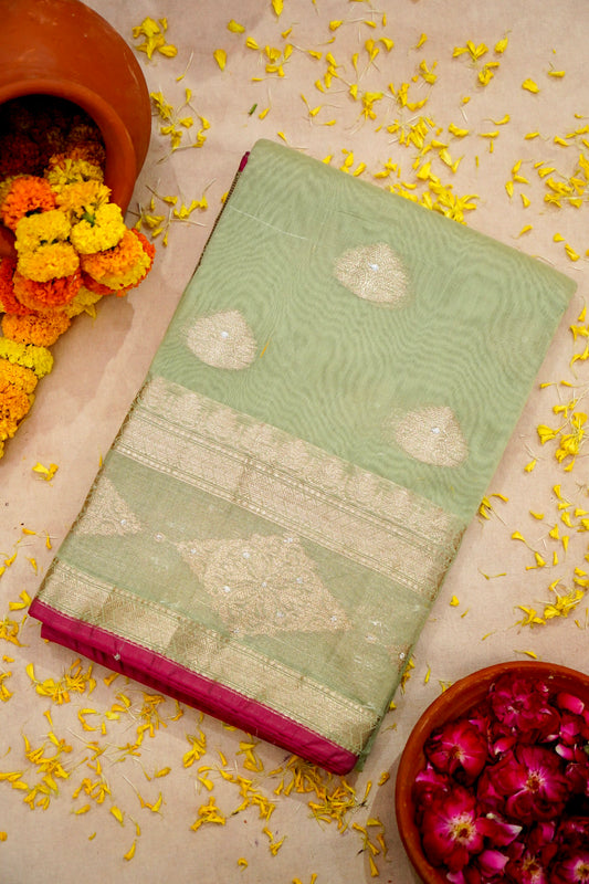 Lightweight Sea Green Banarasi Cotton Saree