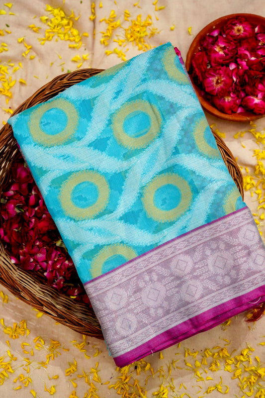 Handwoven Banarasi Blue Cotton Ikkat Saree