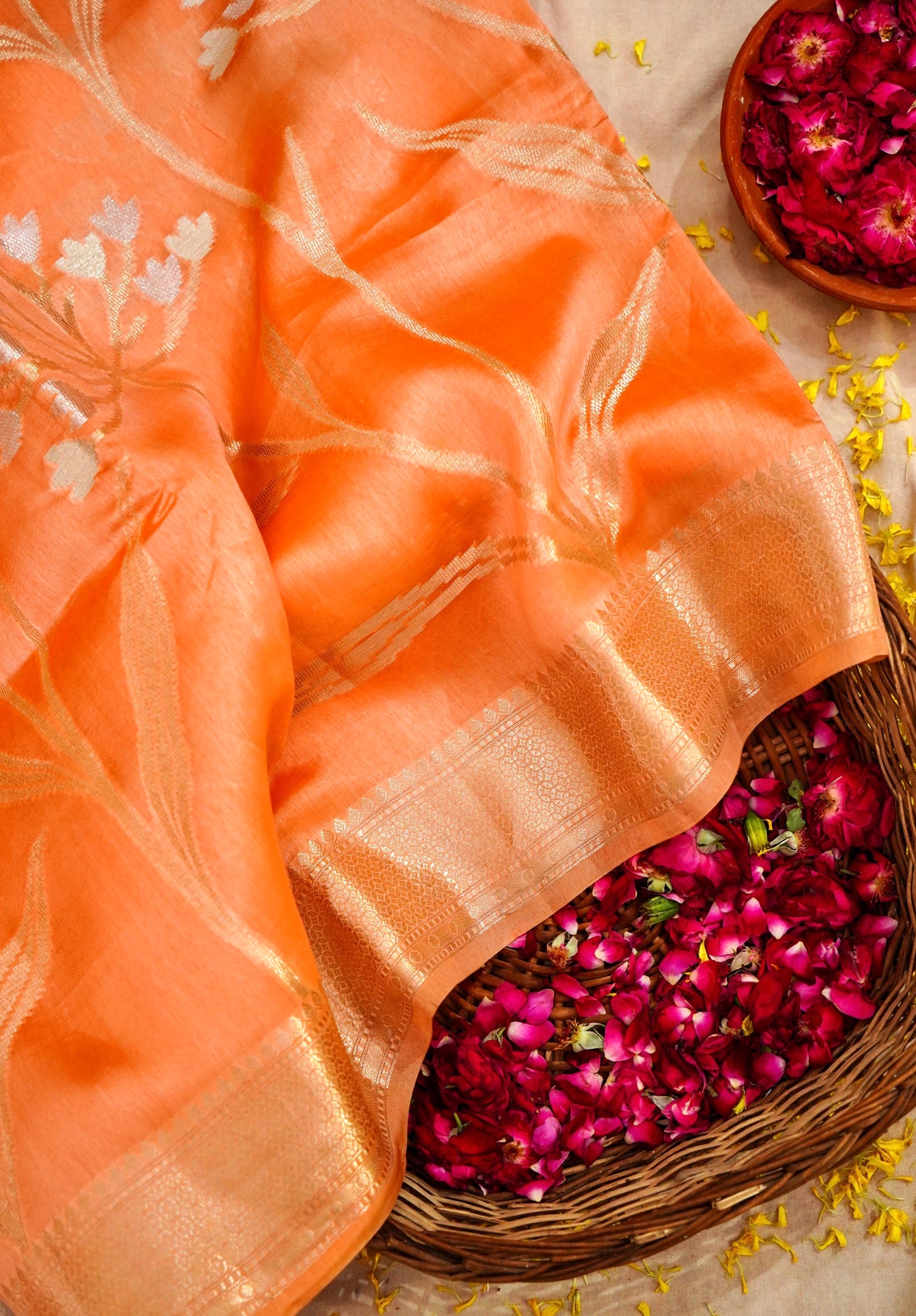 Elegant Orange Pure Viscose Hand-Brush-Dyed Banarasi Saree