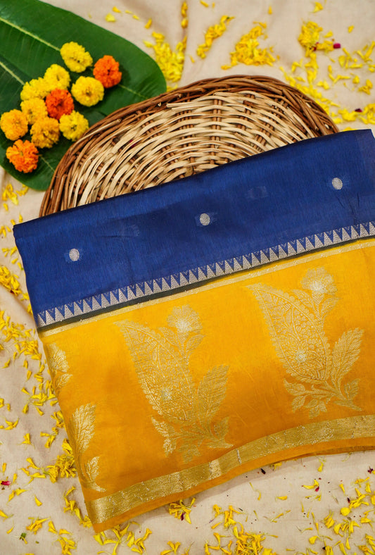 Banarasi Pulp Silk Saree in Blue with Yellow Border