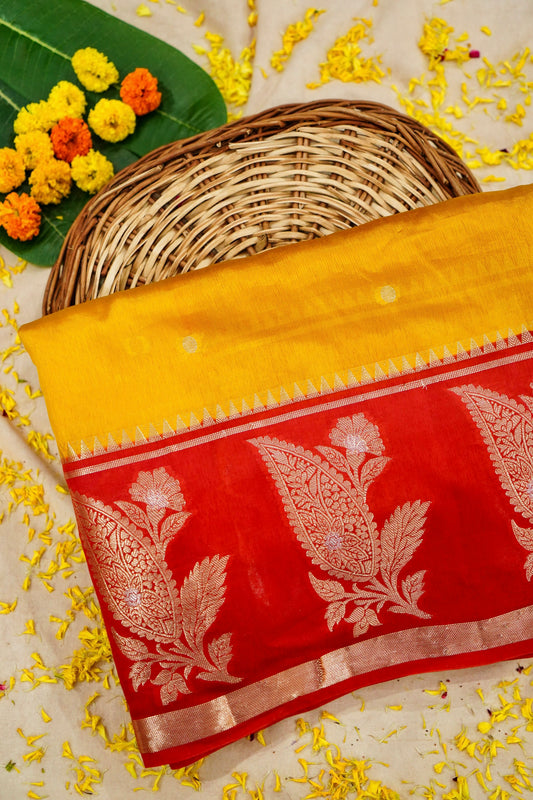Banarasi Pulp Silk Saree in Yellow with Red Border