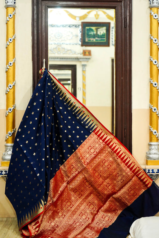 Elegant Navy Blue Pure Banarasi Cotton Saree
