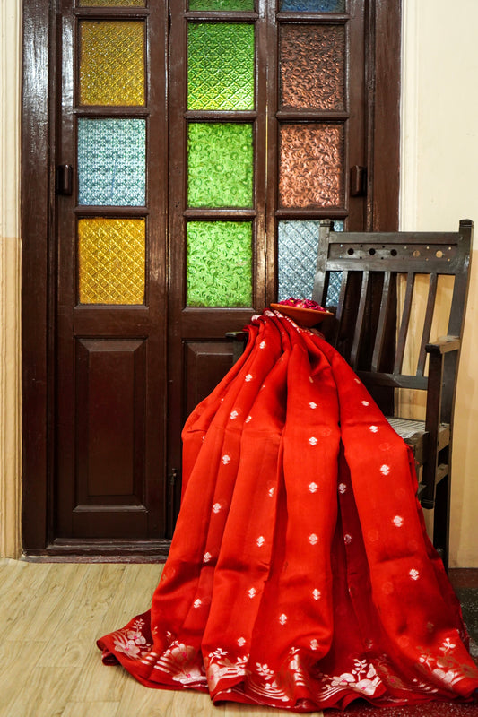 Radiant Red Pure Raw Mango Silk Saree
