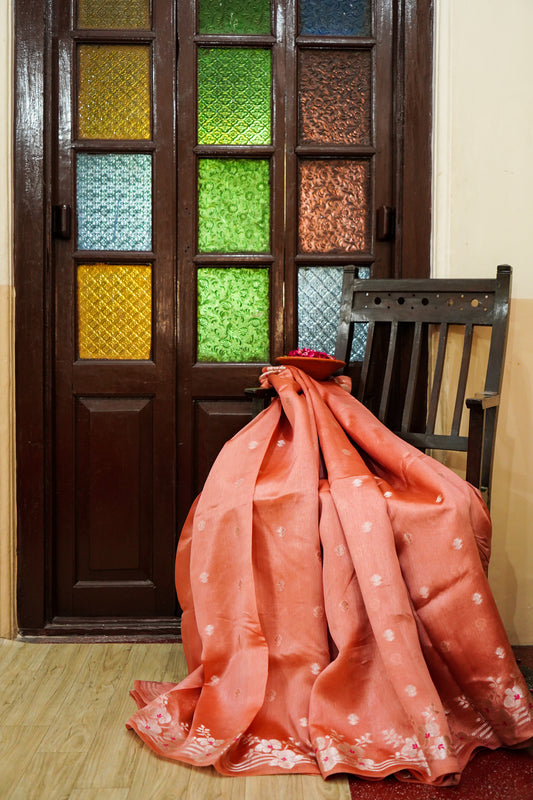 Radiant Peach Pure Raw Mango Silk Saree